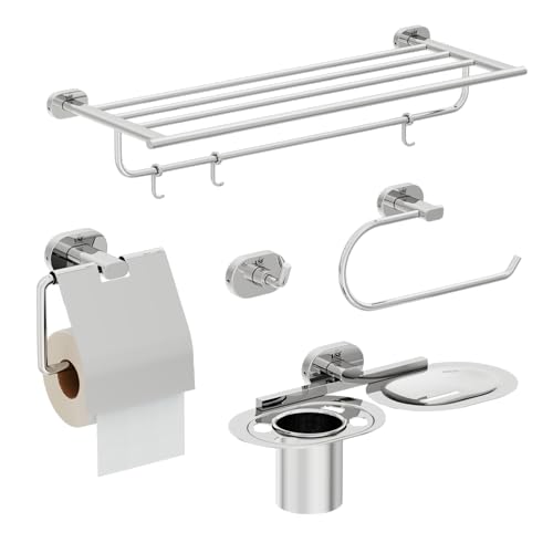 Image of LAPO 304 Stainless Steel Combo Bathroom Accessories Set (24 inch Towel Rack,Napkin Ring,Paper Holder,Soap WithTumbler Holder,Towel Robe Hook) Bathroom Accessories- (Kik- 5 Piece Combo,Chrome Finish)