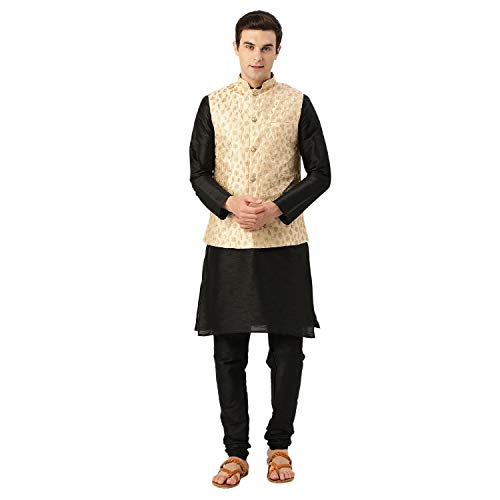Image of SOJANYA (Since 1958 Men's Cotton Linen Maroon Kurta and White Pyjama with Mustard Cotton Nehru Jacket