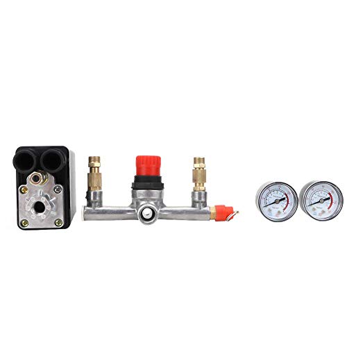 Automatic Pressure Valve Switch Assembly for Single Hole Air Compressor 90~120psi 220V, 1 Pressure Switch+ 1 Bracket+ 2 Pressure Gauge+ 1 Safety Valve+ 2 Deflation Valve Air-Compressor Accessories