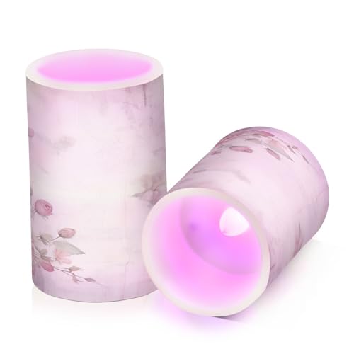 Image of ALAZA Pink Rose Flowers Flickering Flameless Candles Floral Battery Operated with Remote Timer,Tea Light Candles LED Pillar Votive Candles Set of 2 for Outdoor Indoor Decorations