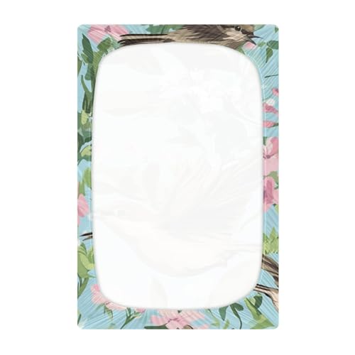 Image of Crib Sheet Breathable Soft Crib Mattress Sheet for Baby Toddler Boys Girls Fitted Crib Sheet Fit Standard Crib Mattress 39 x 27 Inch Blue Mockingbird and Pink Flowers