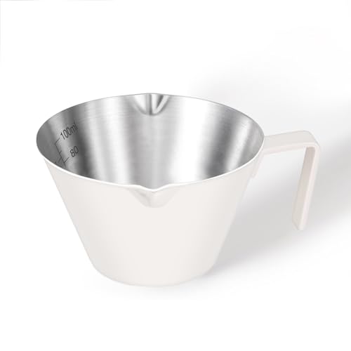 carrottimes Tazas de Espresso de Acero Inoxidable,Accesorios de Espresso,Taza Medidora de Metal con Doble Pico y Escala,Taza de Espresso con Mango, para Pesar Granos de Café (Blanco),3.4OZ/100ML