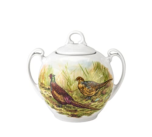 European Collection. 15oz (450ml) White Porcelain Sugar Bowl with Lid. Picture of Pheasants in the Wild Nature. Hunting Motives. Porcelain Sugar Pot.