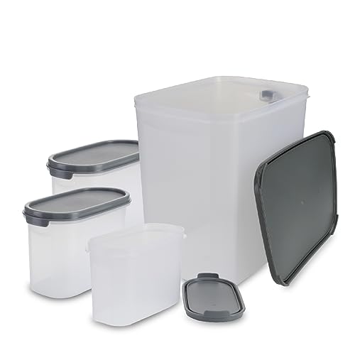 Image of KOLORR Modular Plastic Containers Set for Kitchen Storage Combo, Set of 5 (1100ml x 4 / 9000ml x 1) | Dry Food Organizer | Air Tight Grocery Jar /Container with Scoop | Food Grade | Transparent