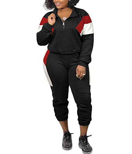 IyMoo Sweatsuit for Women 2 Piece - Women's Plus Size Tracksuit Two Piece Outfits Long Sleeve Sweatshirt & Skinny Pants Sweat Suits Sets Color Block Black