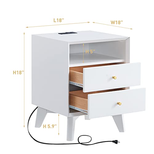 T4Tream White Nightstand With Charging Station, Mid-Centry Modern Nightstand End Table With 2 Stroage Drawers, Easy Assembly Wood Sofa Side Table For Living Room, Bedroom, Kids Bedroom, Solid White #TOP1