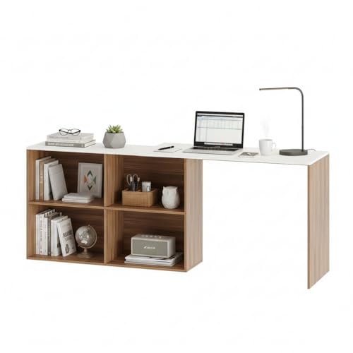 Image of FURNEASER Maggen Engineered Wood Study Table, Workstation, Rotatable Computer Laptop, WFH Office Desk Gaming Table with Storage, Large (Exotic Teak & White)
