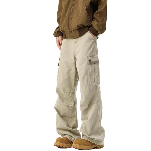 Men's Pants Khaki Retro Casual Summer American High-Street Workwear Loose Straight-Leg Trouser for Men