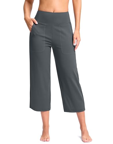 Women's Capri Pants with Pockets High Waist Yoga Pants Wide Leg Workout Crop Summer Pants for Casual, Travel, Exercise(Dark Grey, L)