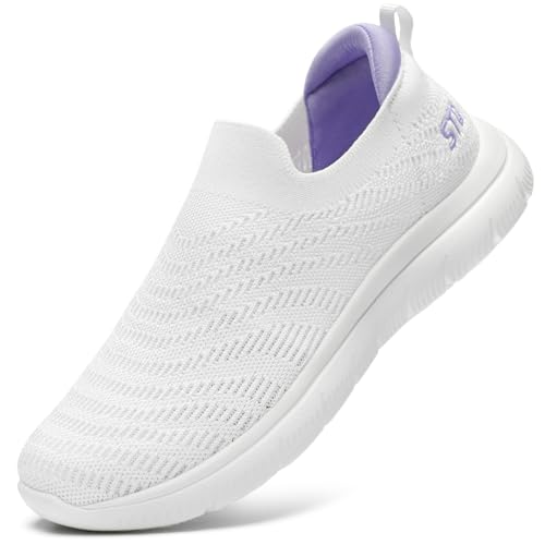 STQ Slip On Sneakers for Women Arch Support Nursing Walking Shoes Lightweight Exercise Gym Shoes with Memory Foam White Purple Size 7