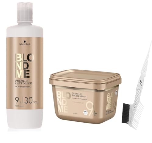 Schwarzkopf BlondMe Bond Enforcing Premium Lightener 9+ Dust Free 450g Schwarzkopf BlondMe Premium Developer 9% / 30 Volume 1L M Hair Designs Tint Brush/Comb (Bundle - 3 items)