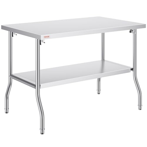 VEVOR Table de Travail INOX 122 x 76 x 86 cm, Table de Préparation Commerciale avec Étagère, Table de Cuisine INOX Pliante, Charge Lourde, pour Rangement...
