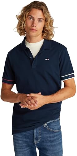 Tommy Jeans Polo de Manga Corta Hombre Flag Cuff Slim Fit, Azul (Dark Night Navy), L