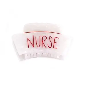 Large Nurse Cap Hair Claw, White Acetate Hair Clip with Red Text for Women Girls Gift, 4.1 x 1.96 inches