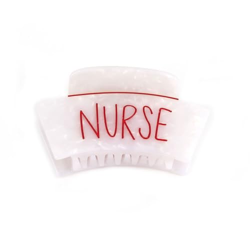 Large Nurse Cap Hair Claw, White Acetate Hair Clip with Red Text for Women Girls Gift, 4.1 x 1.96 inches