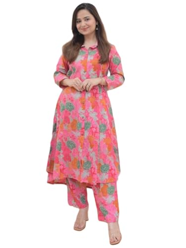 Image of Leriya Fashion Women's Cotton Printed A-Line Kurti Pant Set | Abstract Leaf & Floral Kurta with Trouser Pant | Casual Ethnic Co-ord Set for Women Stylish | Elegant Anarkali Style Tunic Kurta Set