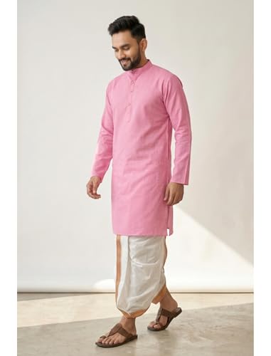 Image of UNIQUE MOMENTS Men's Cotton Dhoti Kurta Set with Full Sleeves Solid Pattern Modern Style and Mandarin Collar Neck | Perfect for Puja & Celebrations
