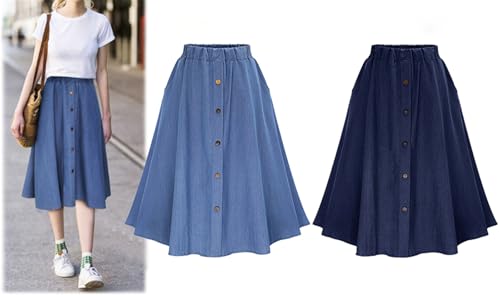 Women's Long Jean Skirts Button Front Denim Midi Skirts Slit Solid Color Mid Waisted A Line Midi Skirts with Pockets2