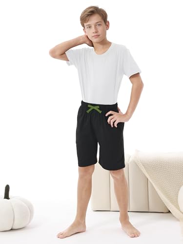 Image of Cooraby 2 Pack Boys Pajamas Shorts with Drawstring Pockets Teens Pull-on Pajamas Shorts Sport Casual Shorts for Youth