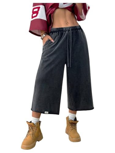 Women's Drawstring Waist Workout Sweat Shorts Wide Leg Baggy Washed Cropped Pants with Pockets