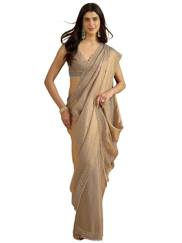 Image of AKHILAM Women's Shimmer Tissue Embroidered Saree With Unstitched Blouse Piece