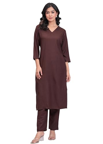 Image of Rayon Plain V Neck Kurta Pant Set for Women and Girls