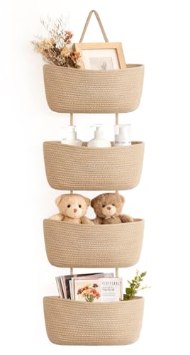 Dahey Over The Door Hanging Basket 4 Tier Woven Boho Wall Mounted Storage Organizer with Hooks for Bedroom Nursery Bathroom Apartments Dorm Pantry Decor