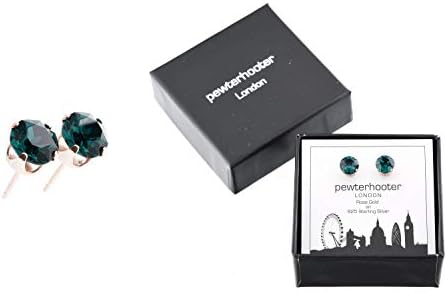 pewterhooter® 6mm Earrings for Women  14k Rose Gold plated Sterling Silver studs made with sparkling Emerald Green crystal - Gift Box
