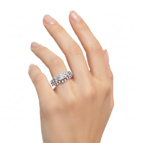 Image of Choose Your Gemstone Milgrain Petal Diamond CZ Wedding Ring Set 925 Sterling Silver Princess Shape Wedding Ring Sets Lightweight Office Wear Everyday Gift Jewelry US Size 4 to 12