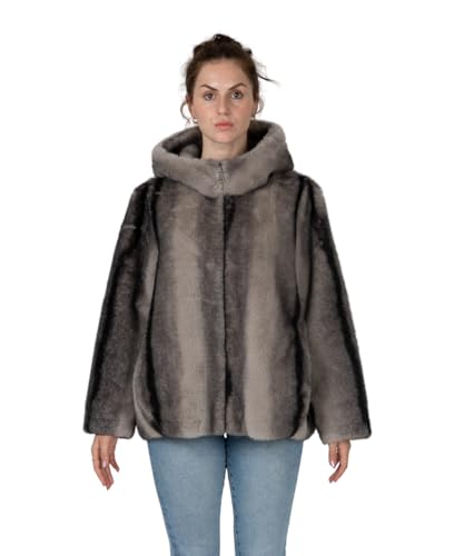 Manteau fausse fourrure zippé femme avec capuche chaude chic en gris et marron