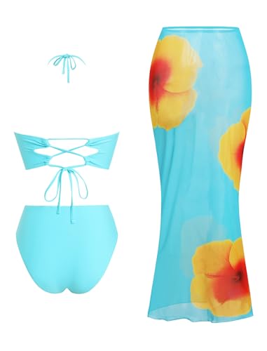 Image of ZAFUL Womens 3pcs Bikini Swimsuits Bandeau 3 Piece Swimwear High Cut Bikini Sets with Long Sheer Coverup Dress