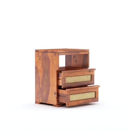 Image of Sheesham Wood Bedside Table for Bedroom Living Room Home Office with 2 Drawer and 1 Open Shelf Storage Furniture | Sofa Side Table | End Table | Nightstand (Honey Finish)