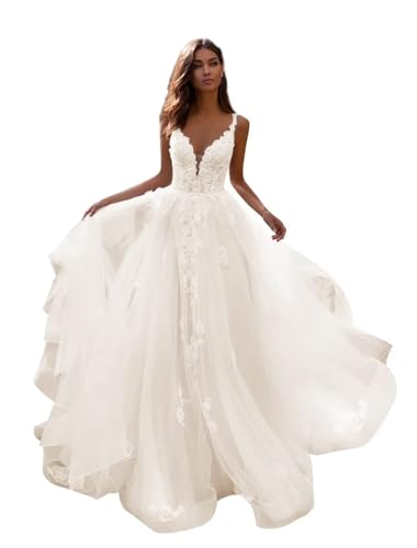 V Neck Wedding Dress for Bride Sleeveless Tulle Pleated Flowy Dress Straps A-Line Lace Applique Long Train Bridal Gown