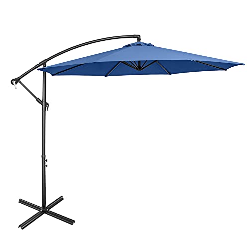 Tangkula 10 FT Patio Offset Umbrella with 8 Ribs, Outdoor Cantilever Umbrella with Cross Base and Crank, Market Hanging Umbrella for Garden, Poolside and Backyard (Blue)