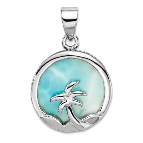 JewelryWeb 18mm 925 Sterling Silver Rhodium Plated Larimar With Palm Tree Pendant Necklace-Pendant for Women