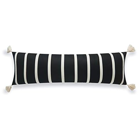 Hofdeco Modern Boho Moroccan Indoor Outdoor Body Lumbar Pillow Cover ONLY for Bed, Backyard, Couch, Sofa, Black Stripe Tassels, 12"x40" Cover