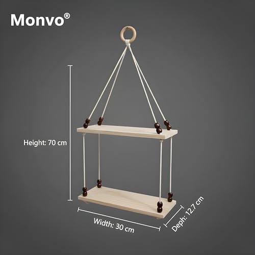 Image of 2Tier Hanging Shelf with Magic Hook, Use Decor Plants, Books, Decorative Gift Items Nursery Livingroom Wooden Beads & Ring Woven Bohemian Chic for Dorm