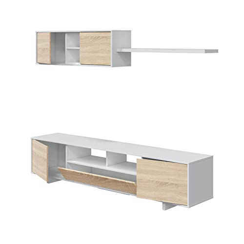 Habitdesign-Mueble-de-Salon-Moderno-Modulos-Comedor-Modelo-Belus-Acabado-en-Blanco-Brillo-y-Roble-Canadian-Medidas-200-cm-Ancho-x-41-cm-Fondo-x-46-cm-Alto