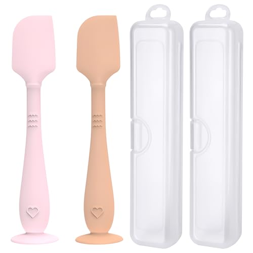 Image of 2 Pack Diaper Cream Spatula with Hygienic Travel Case, Butt Spatula Baby with Suction Base, Baby Butt Paste Spatula, Soft Silicone Diaper Rash Cream Applicator Large Size (Pink & Brown)