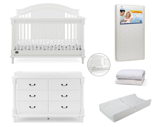 Delta Children Simmons Kids Juliette 6-in-1 Convertible Crib with Toddler Rail, Greenguard Gold Certified, Bianca White