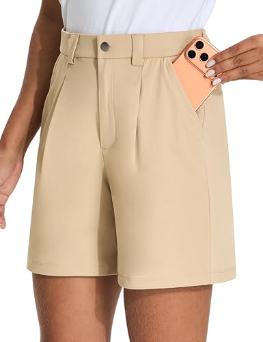 Kpsun Womens 5' Golf Dressy Shorts Stretchy Lightweight Short With Pockets Button Closure For Casual Summer Work(Khaki,M)