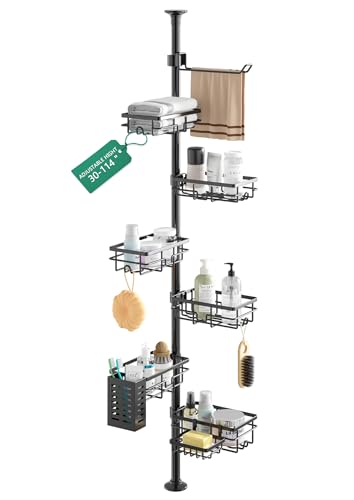 Mixoo Teleskop Duschregal-Duschablage Ohne Bohren mit 6 Stück Duschkorb, 30.5-111.9in Teleskopregal für Dusche und Badewanne, Duschablage Teleskopstange mit Handtuchstange,Seifendose,Zahnbürstenhalter