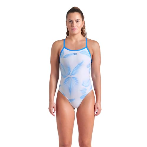 ARENA Performance Women's Frozen Leaves Lightdrop Back Athletic One Piece Swimsuit for Beach or Pool Bathing Suit Swimwear, White Multi/Blue River, Size 26