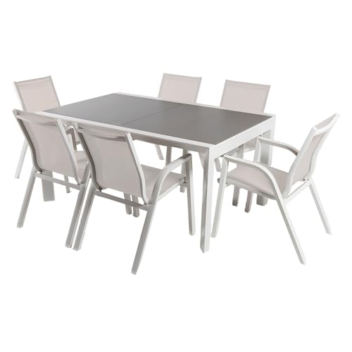 Edenjardi Conjunto de mesas y sillas para Exterior, Mesa Extensible Cristal, Aluminio y textilene, Color Blanco, Mesa:160x105x75 SILLAS:90X66X56