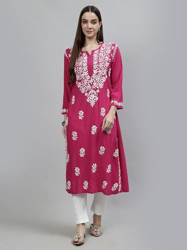 Image of Seva Chikan Hand Embroidered Lucknowi Chikankari Rayon Straight Kurta for Women SCL4532