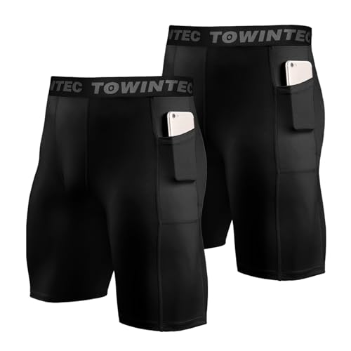Towintec Mallas Cortas Running Hombre Pantalones Cortos de compresión con Bolsillo para teléfono Polainas Cortos de Transpirable Secado Rápido Base de compresión con Entrenamiento Deporte Fitness