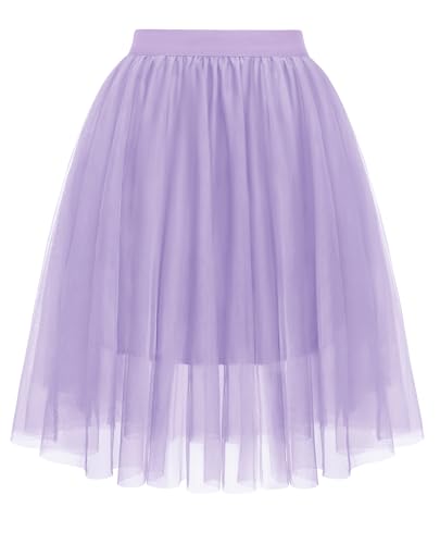Wikoan Midirock Damen Faltenrock Plissee Damenrock Sommerrock Leicht Casualrock Tüll Unterrock A-Linie Elegante Tüllrock Karneval Helllila S-M