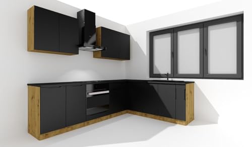 JUANIO Cocina Esquinera Completa ISYA 9 Elementos Color Negro/Roble Artesano   Longitud 200/260 cm