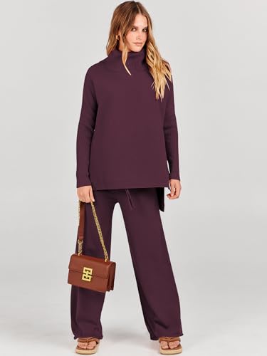 ANRABESS Women Two Piece Outfits Oversized Turtleneck Knit Pullover Sweater Top Wide Leg Pants Lounge Set Sweatsuit 2025 Fall2