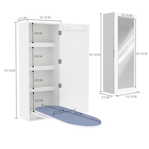 Wall Mounted Ironing Board cabinet, Hidden Storage, Foldable & 180°Rotatable, Durable, 4-Tier Wooden Storage Unit And Front Mirror, White